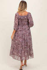 Lavender Floral Square Neck Ruffle Maternity Midi Dress