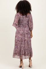 Lavender Floral Square Neck Ruffle Midi Dress