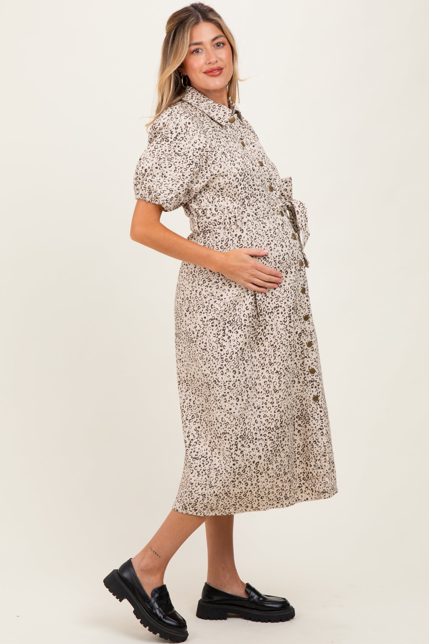 Cream Floral Button Front Waist Tie Maternity Midi Dress