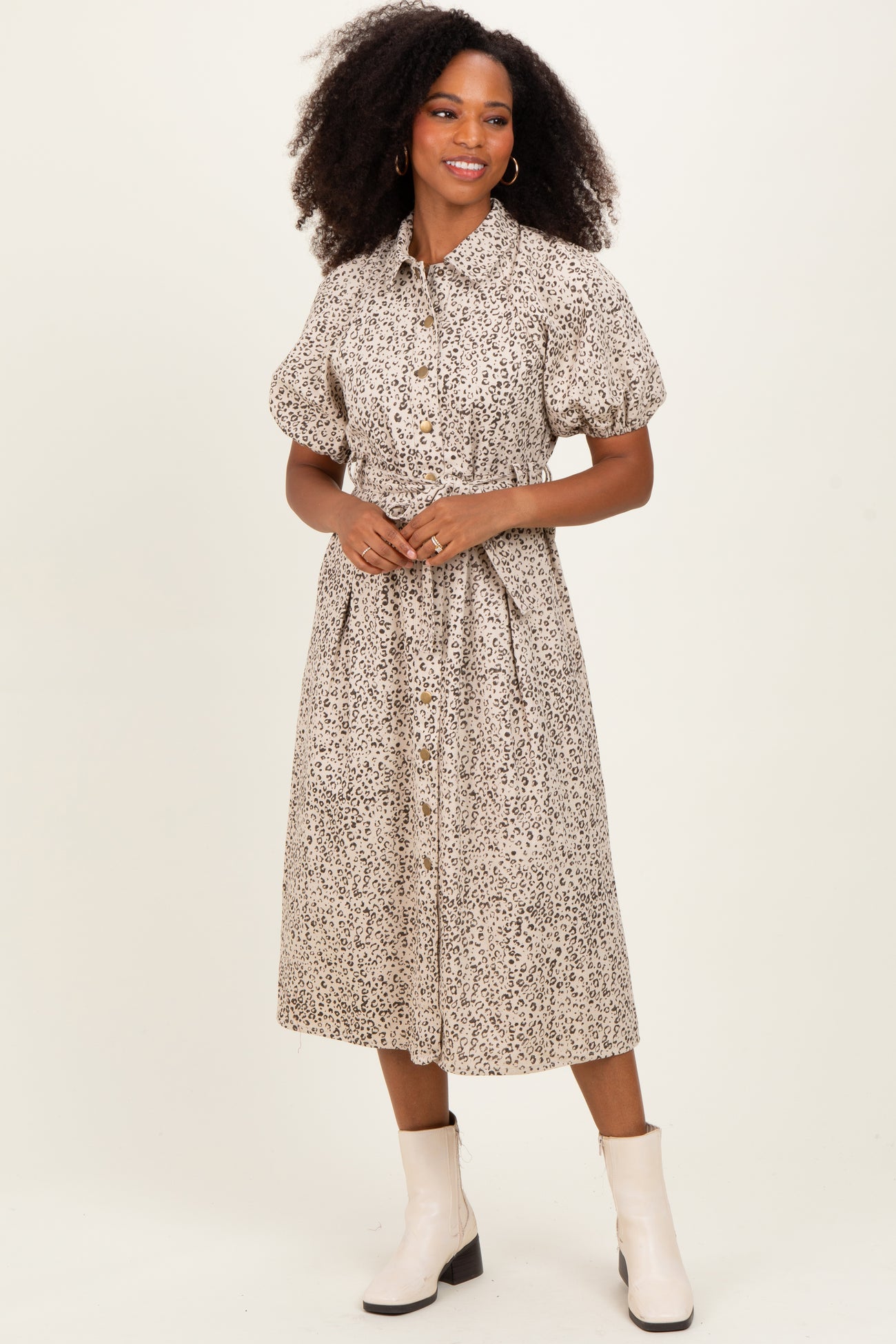 Cream Floral Button Front Waist Tie Maternity Midi Dress