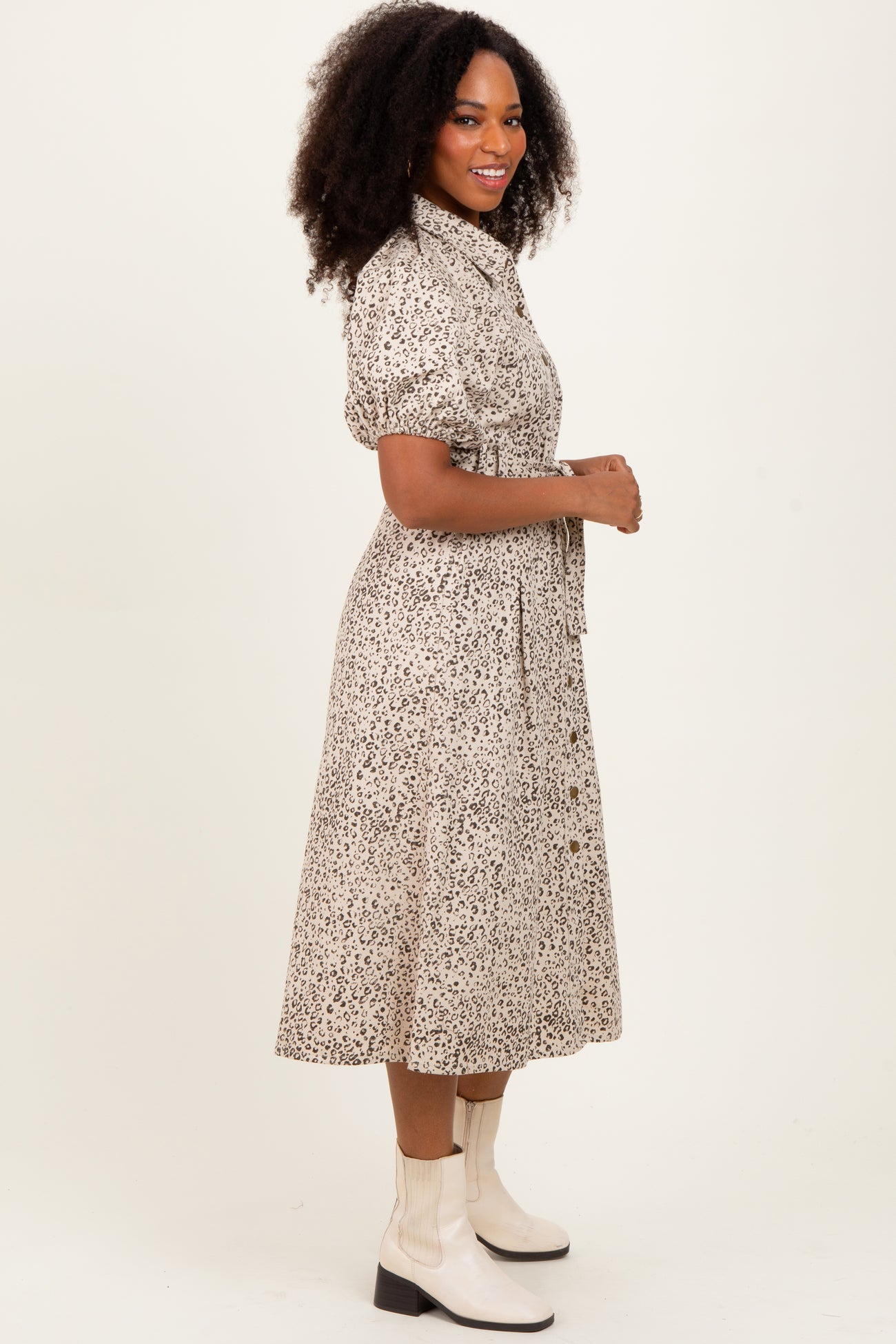 Cream Floral Button Front Waist Tie Midi Dress