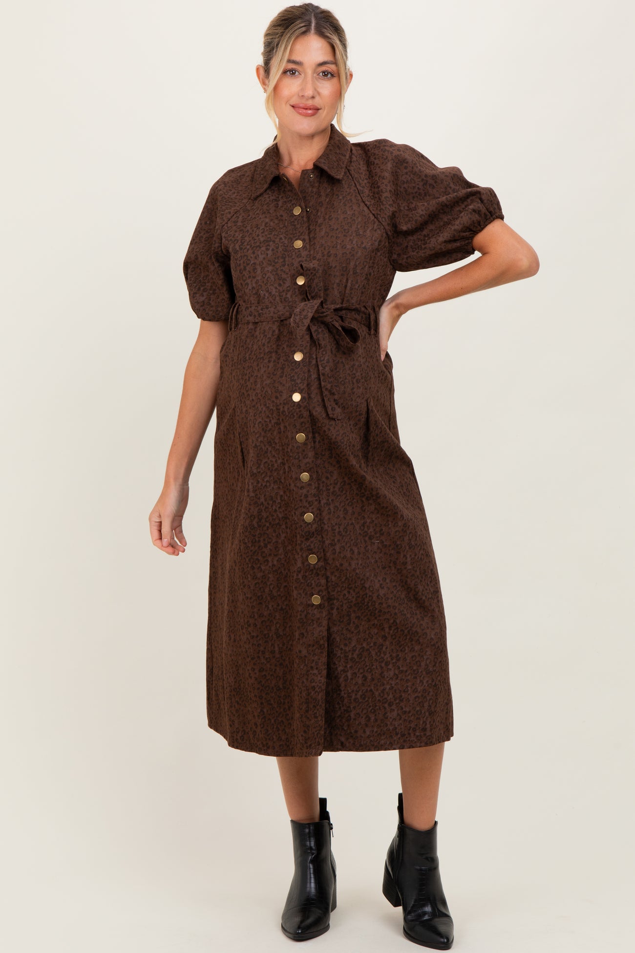 Brown Floral Button Front Waist Tie Maternity Midi Dress