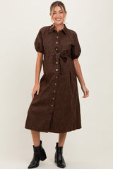 Brown Floral Button Front Waist Tie Maternity Midi Dress