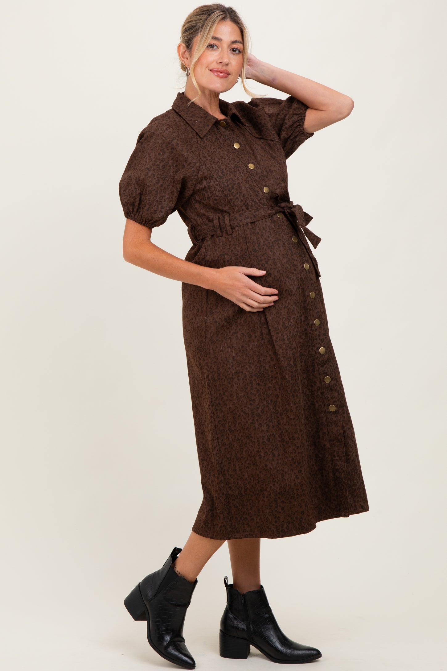 Brown Floral Button Front Waist Tie Maternity Midi Dress