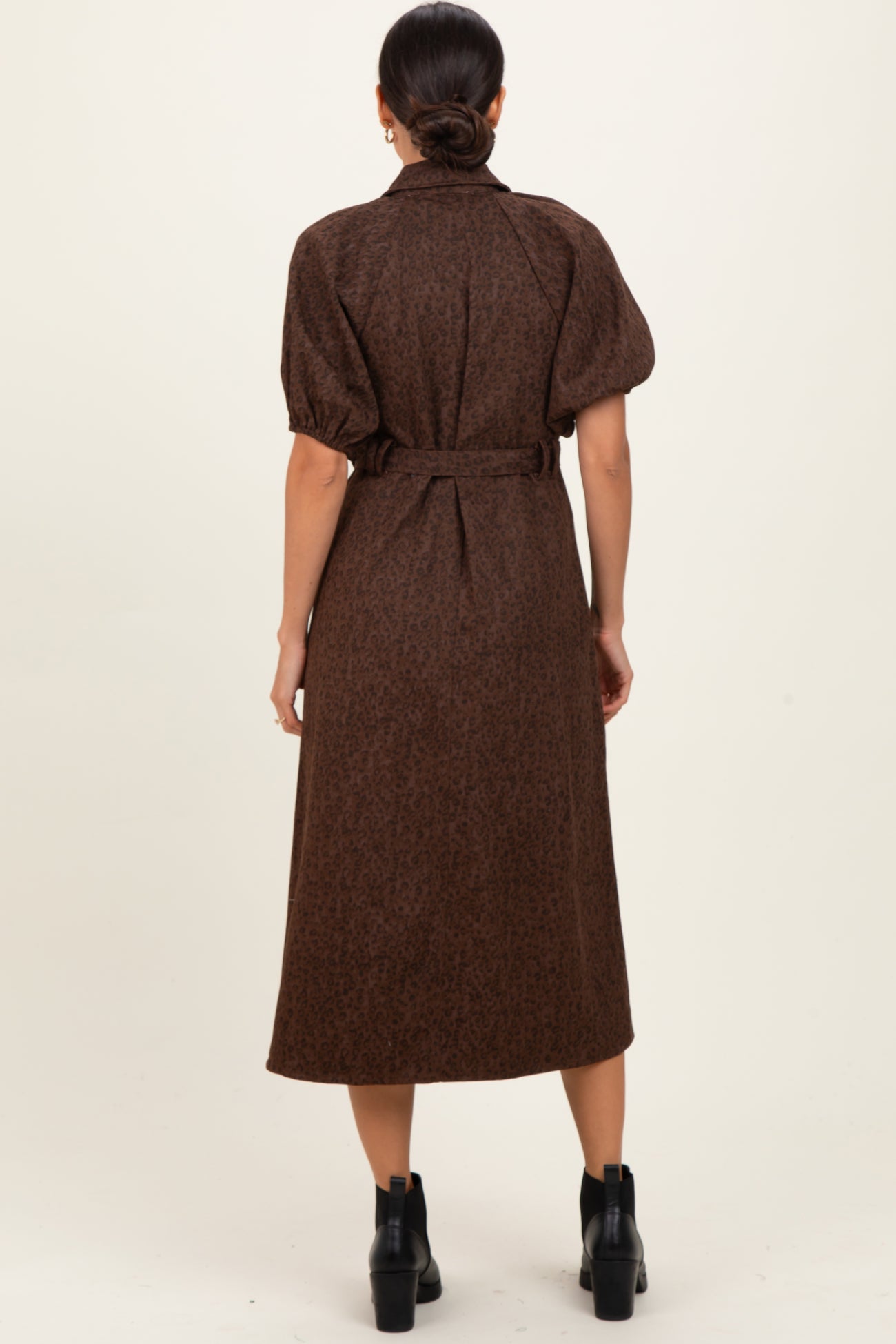 Brown Floral Button Front Waist Tie Midi Dress