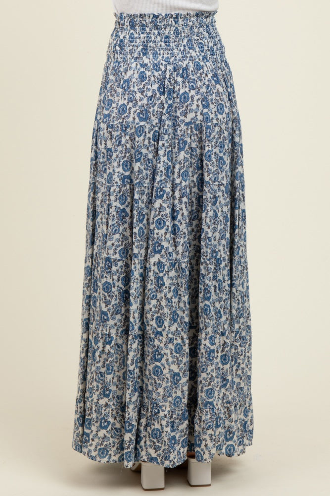 Blue Floral Smocked Waist Tiered Maxi Skirt