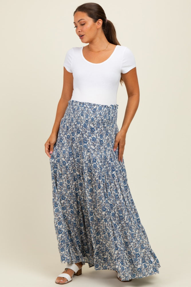 Blue Floral Smocked Waist Tiered Maternity Maxi Skirt