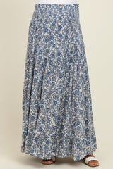 Blue Floral Smocked Waist Tiered Maternity Maxi Skirt