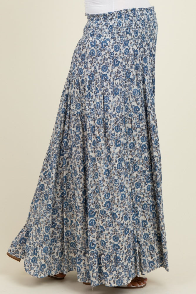 Blue Floral Smocked Waist Tiered Maternity Maxi Skirt