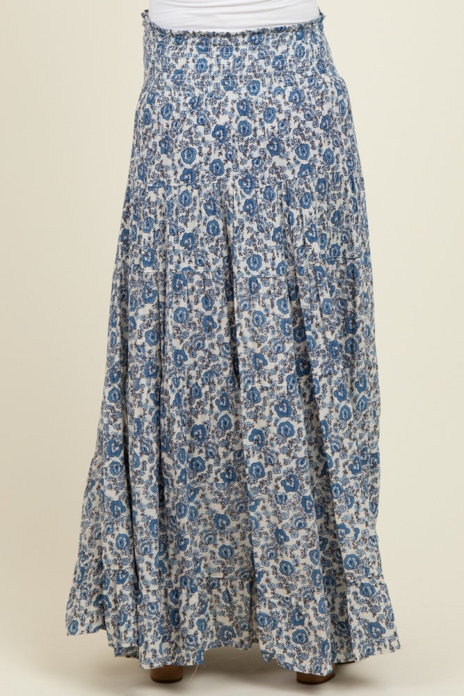 Blue Floral Smocked Waist Tiered Maternity Maxi Skirt