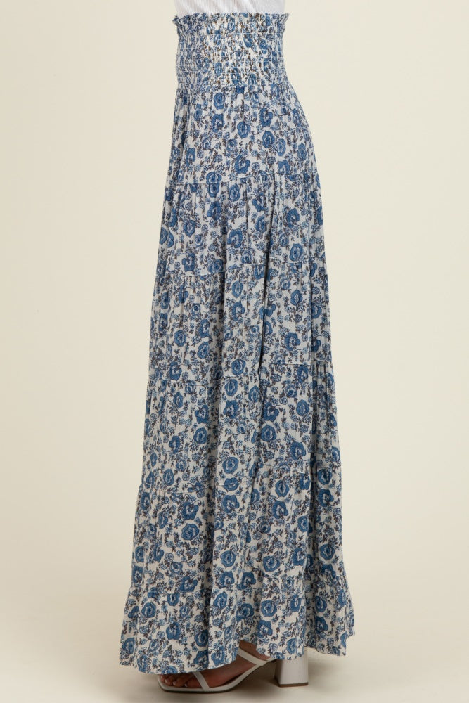 Blue Floral Smocked Waist Tiered Maxi Skirt