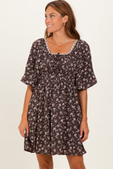 Brown Floral Square Neck Bubble Sleeve Maternity Dress