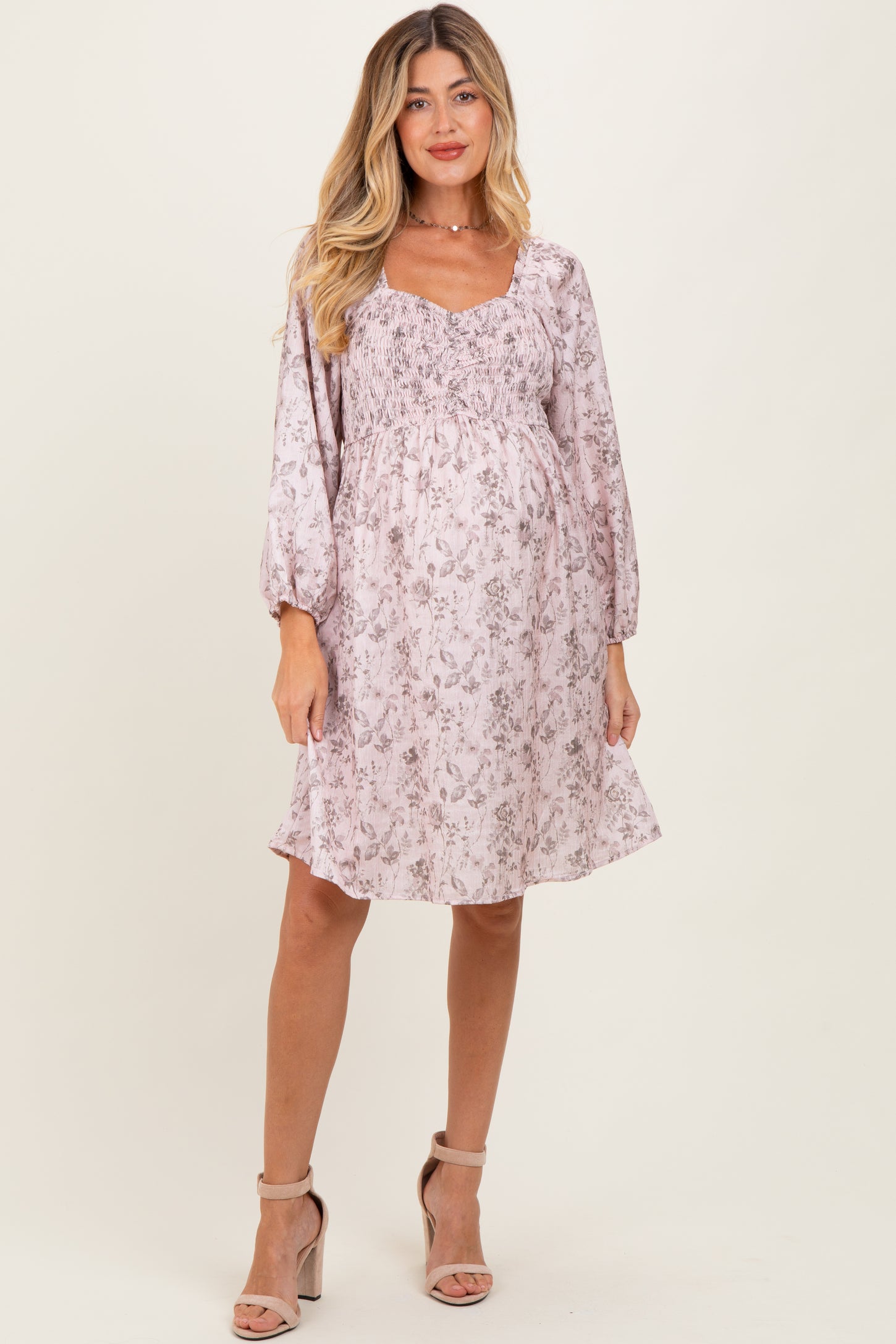 Pink Floral Sweetheart Neck Smocked Maternity Dress