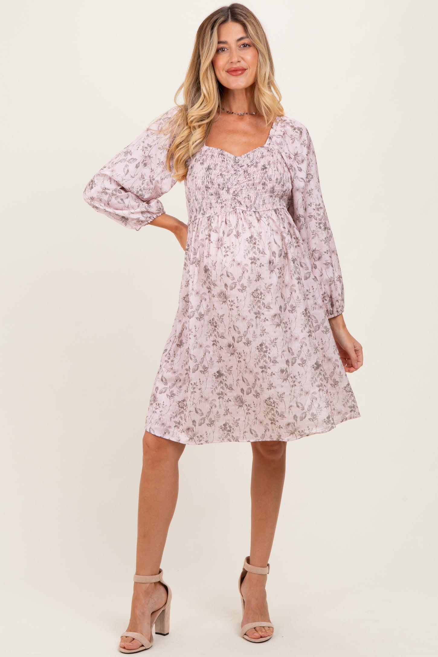 Pink Floral Sweetheart Neck Smocked Maternity Dress