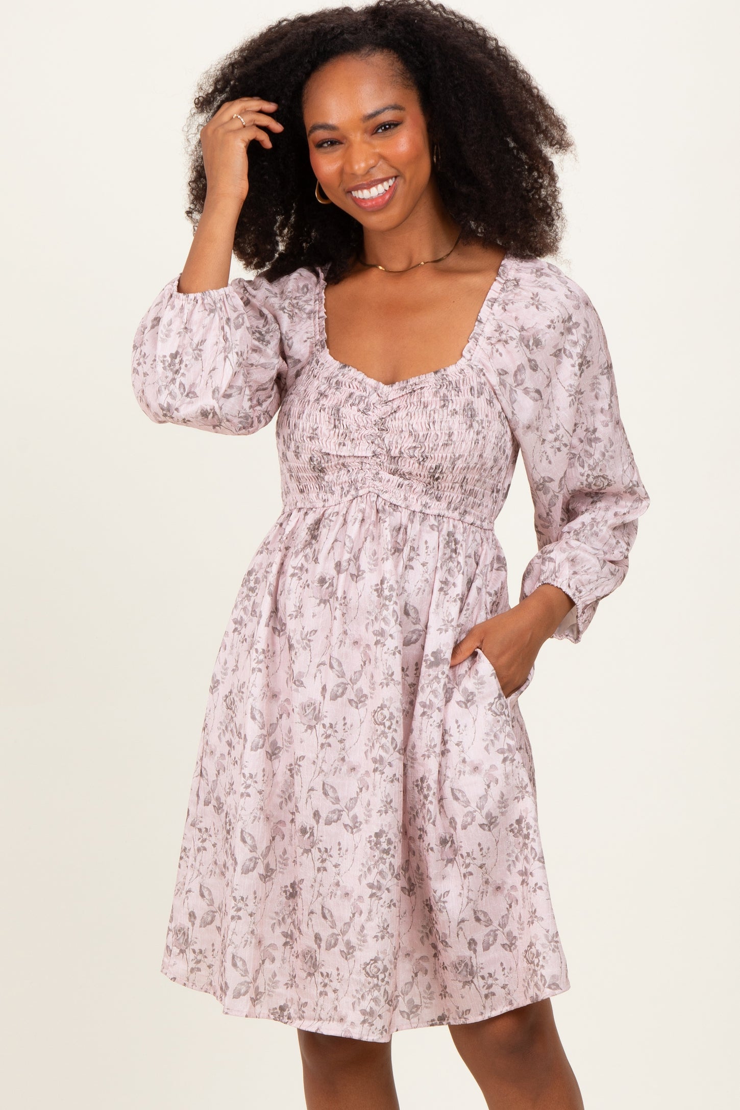 Pink Floral Sweetheart Neck Smocked Dress