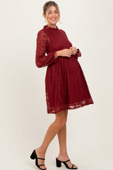 Red Lace Smocked Long Sleeve Maternity Dress