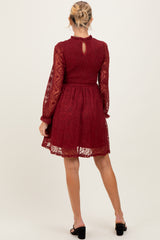Red Lace Smocked Long Sleeve Maternity Dress