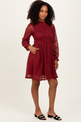Red Lace Smocked Long Sleeve Dress