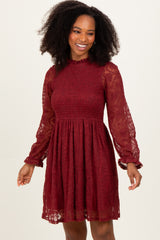 Red Lace Smocked Long Sleeve Dress