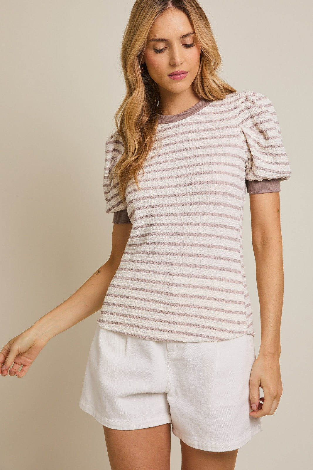 Ivory Striped Puff Short Sleeve Maternity Top