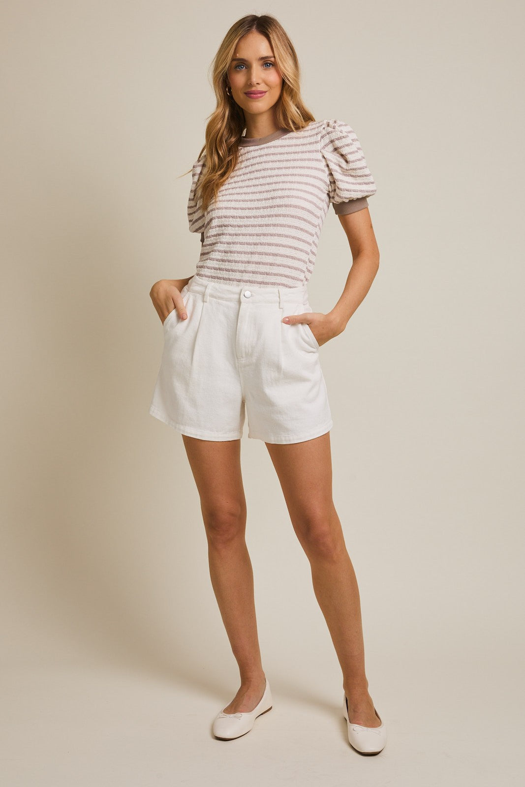 Ivory Striped Puff Short Sleeve Top