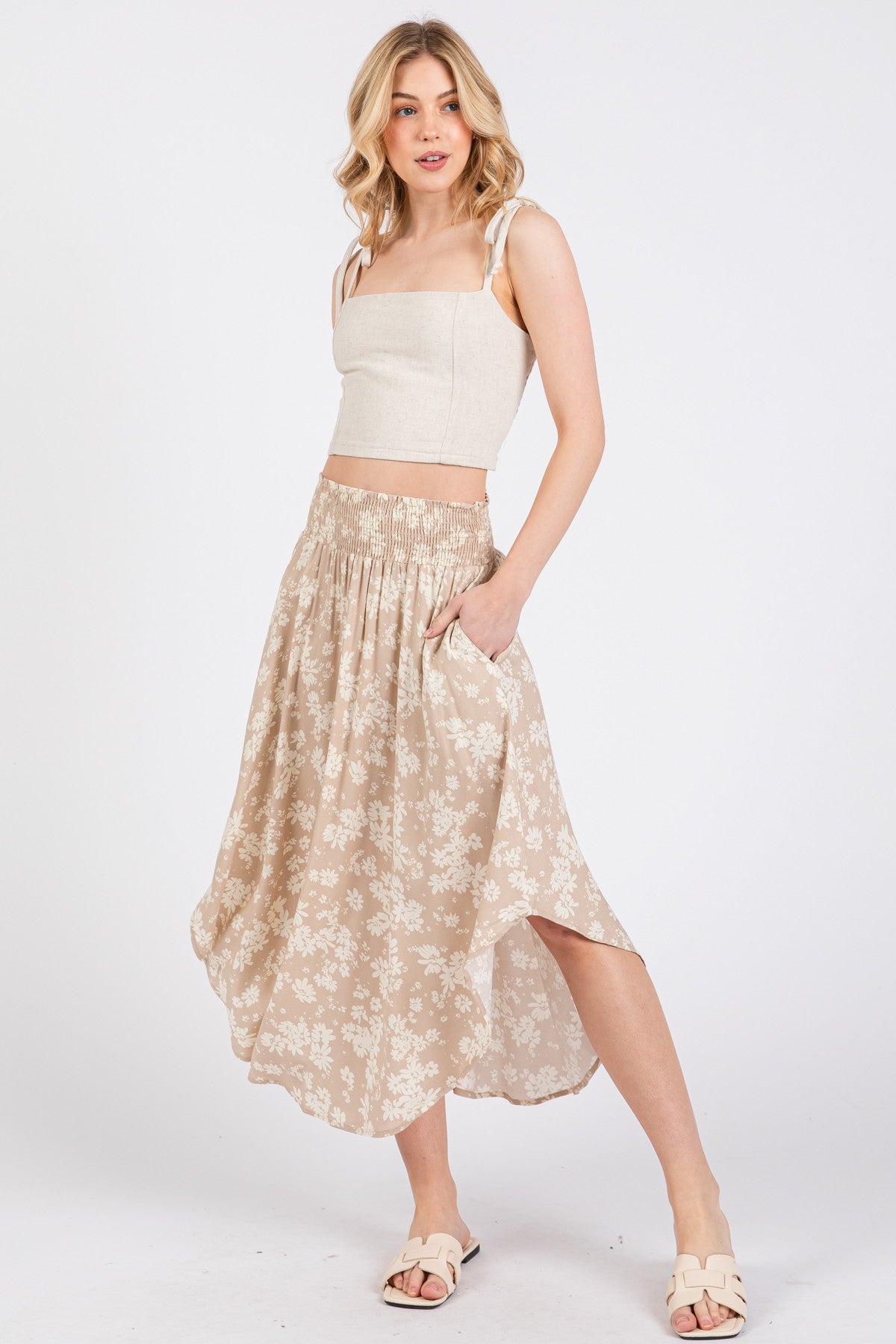 Beige Floral Smocked Waist Round Hem Maxi Skirt