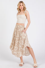 Beige Floral Smocked Waist Round Hem Maxi Skirt