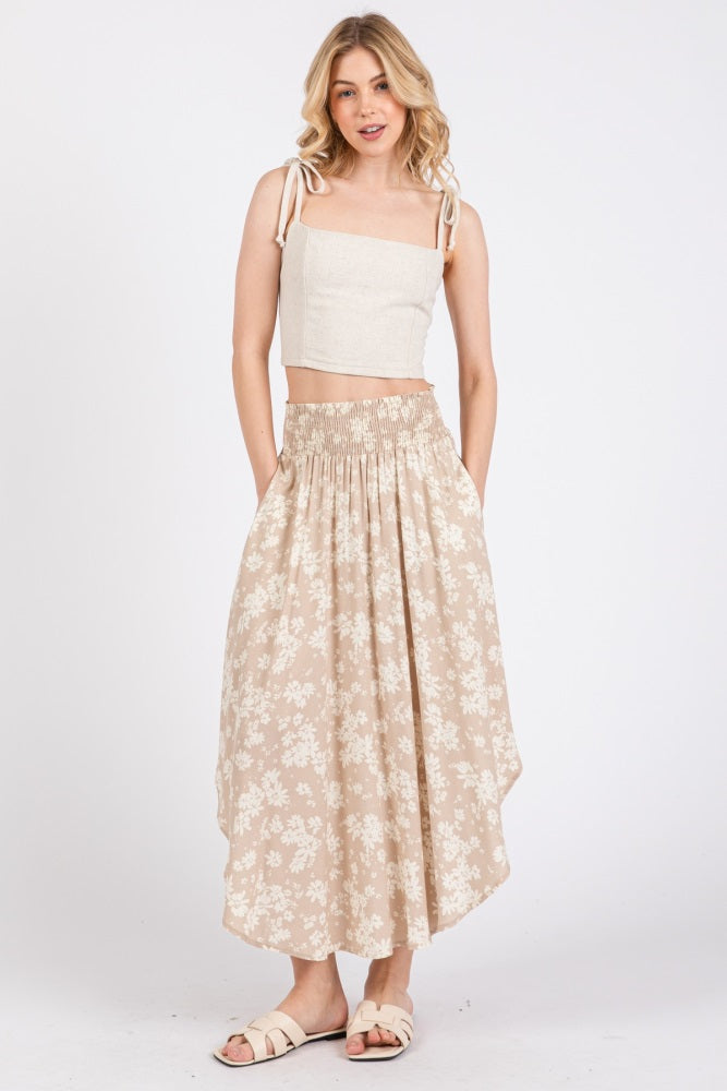 Beige Floral Smocked Waist Round Hem Maternity Maxi Skirt