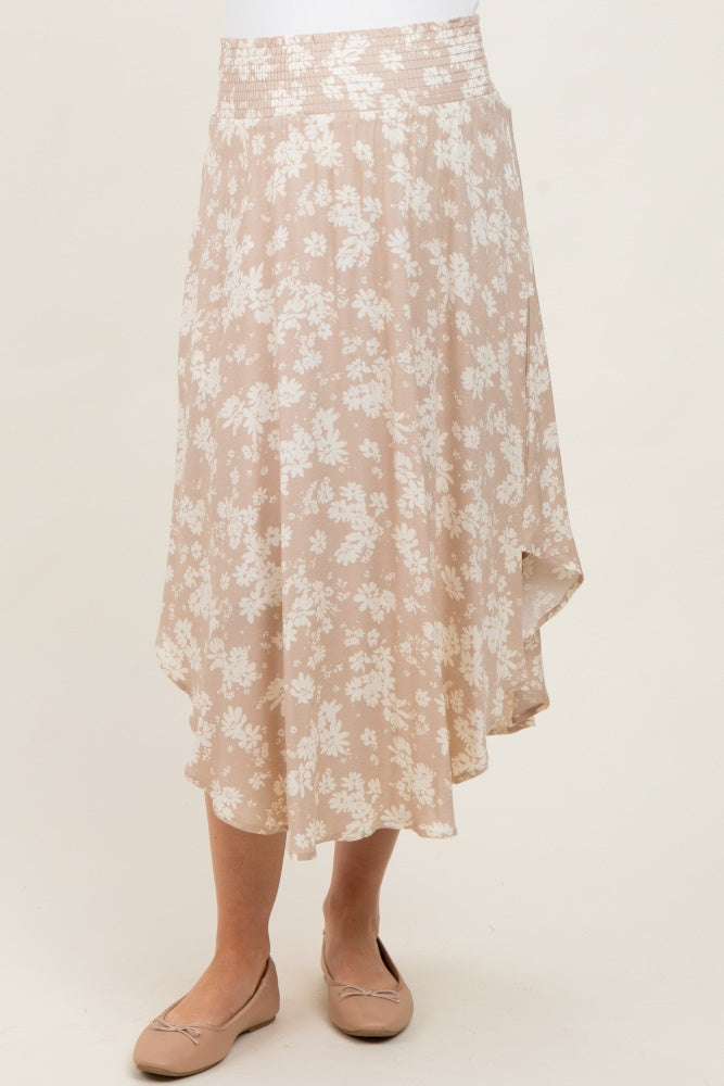 Beige Floral Smocked Waist Round Hem Maternity Maxi Skirt