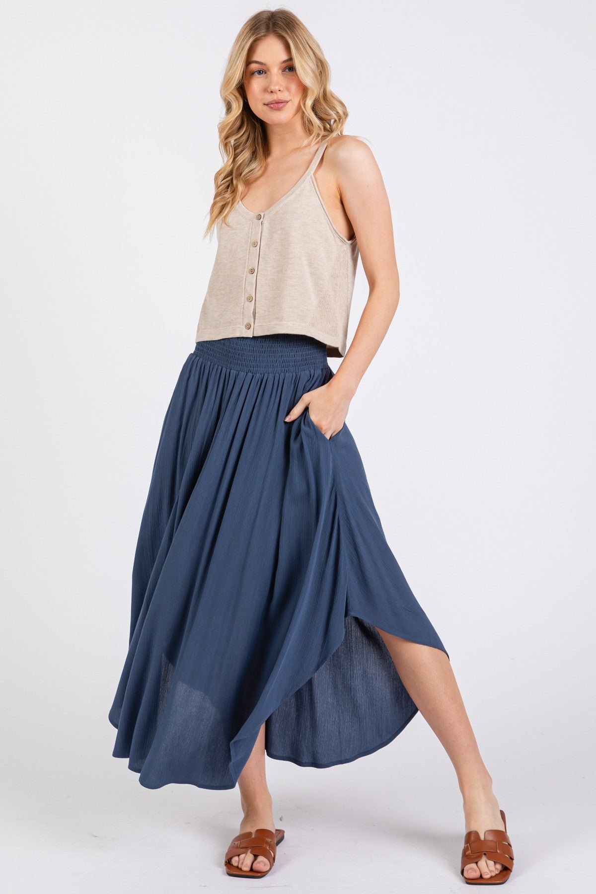 Light Navy Smocked Waist Rounded Hem Maternity Skirt