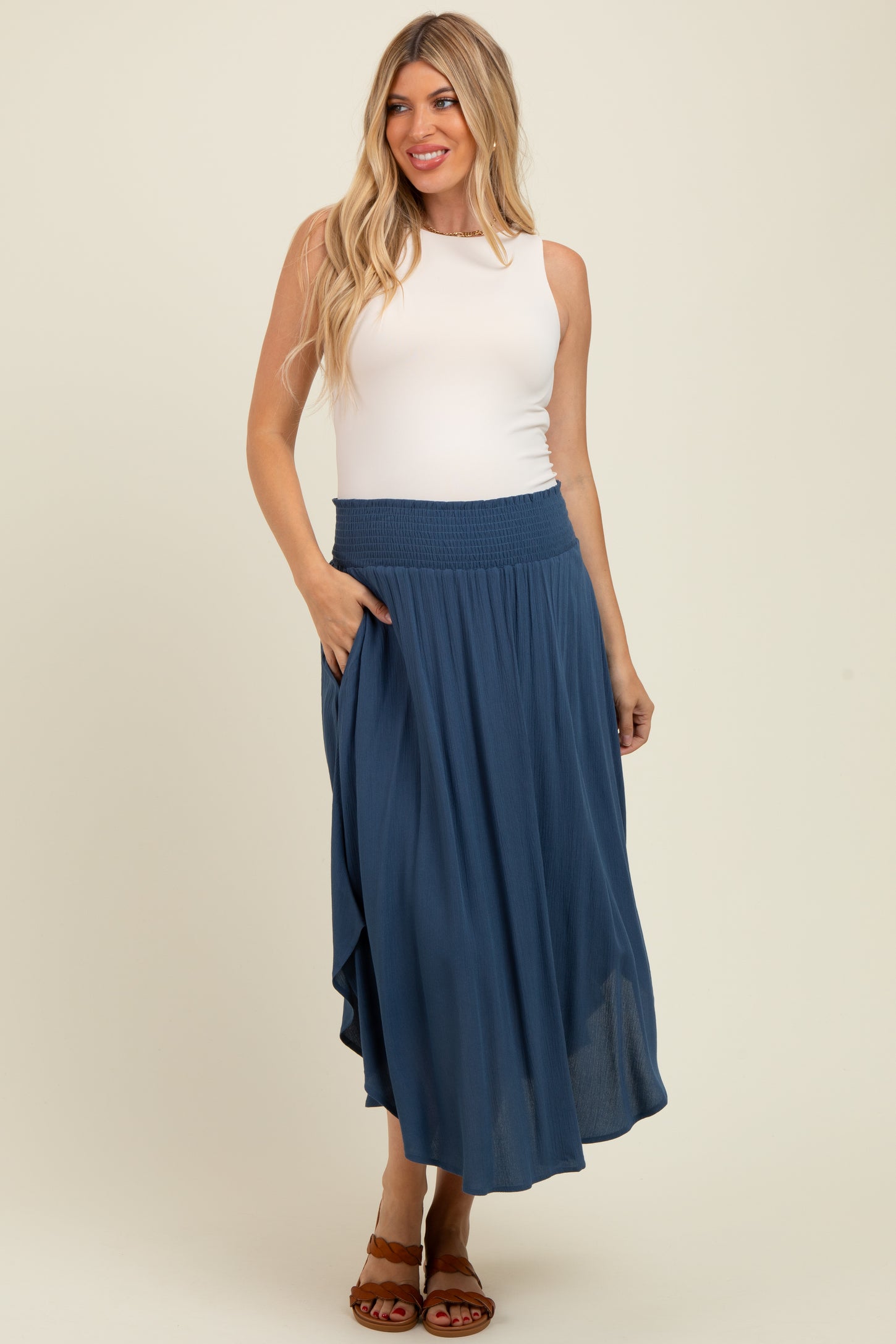 Light Navy Smocked Waist Rounded Hem Maternity Skirt