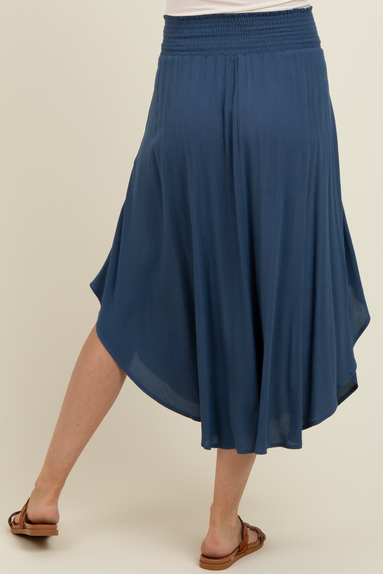 Light Navy Smocked Waist Rounded Hem Maternity Skirt
