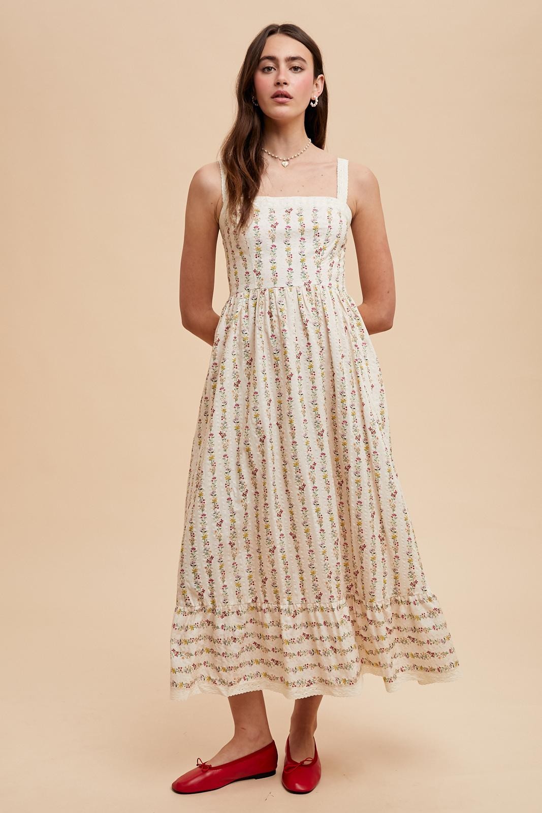 Cream Floral Textured Cotton Lace Trim Maternity Maxi Dress