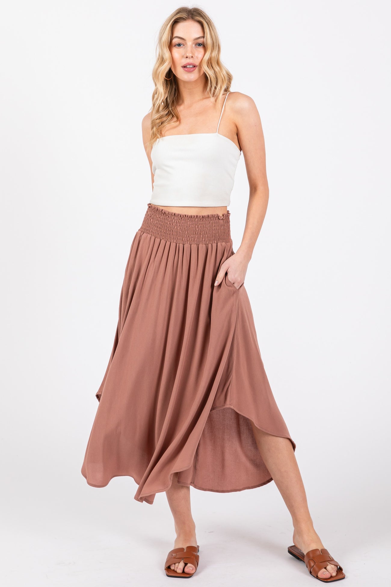Mauve Smocked Waist Rounded Hem Maternity Midi Skirt