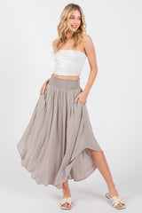 Light Grey Smocked Waist Rounded Hem Maternity Midi Skirt