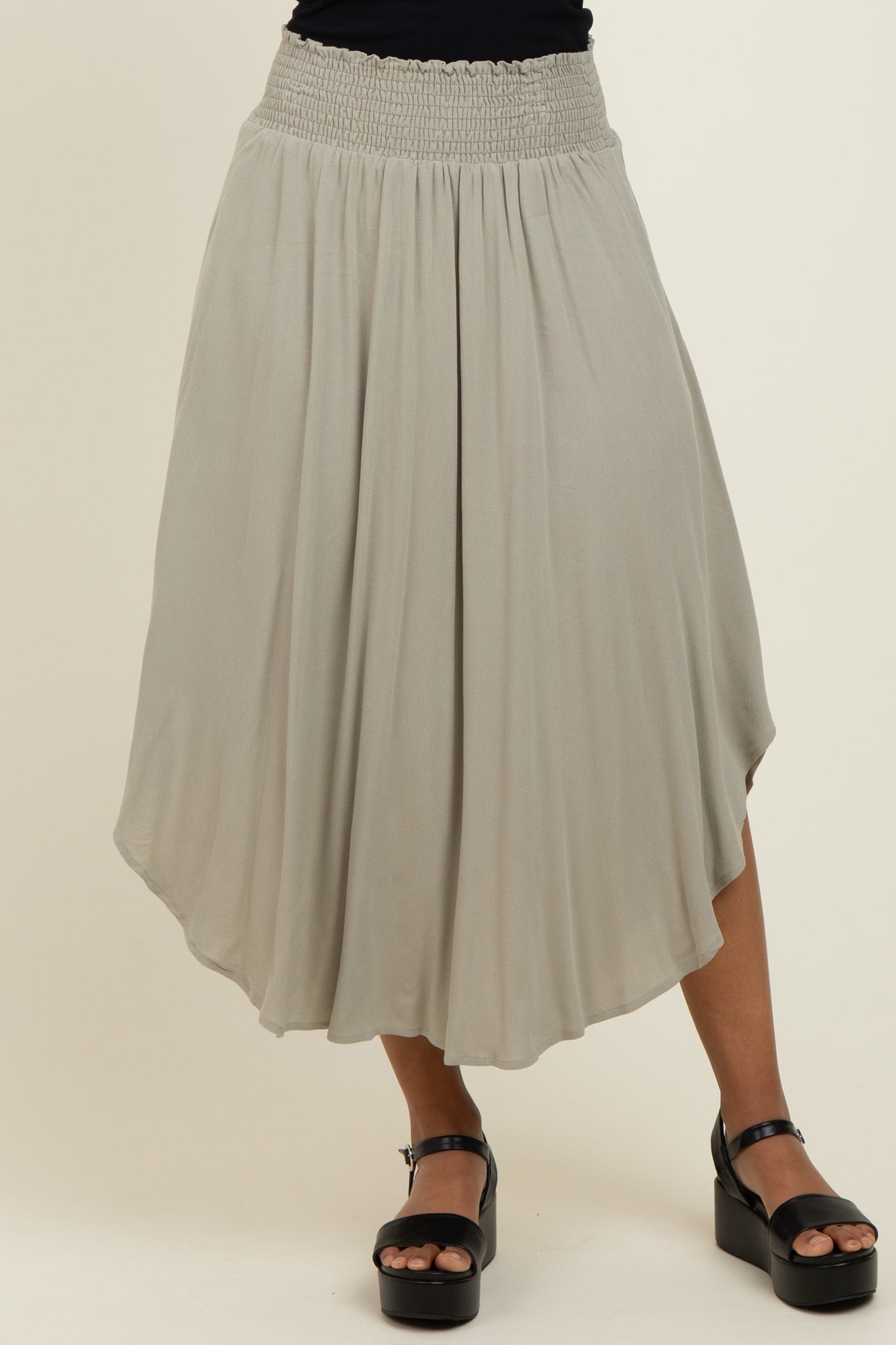 Light Olive Smocked Waist Rounded Hem Midi Skirt