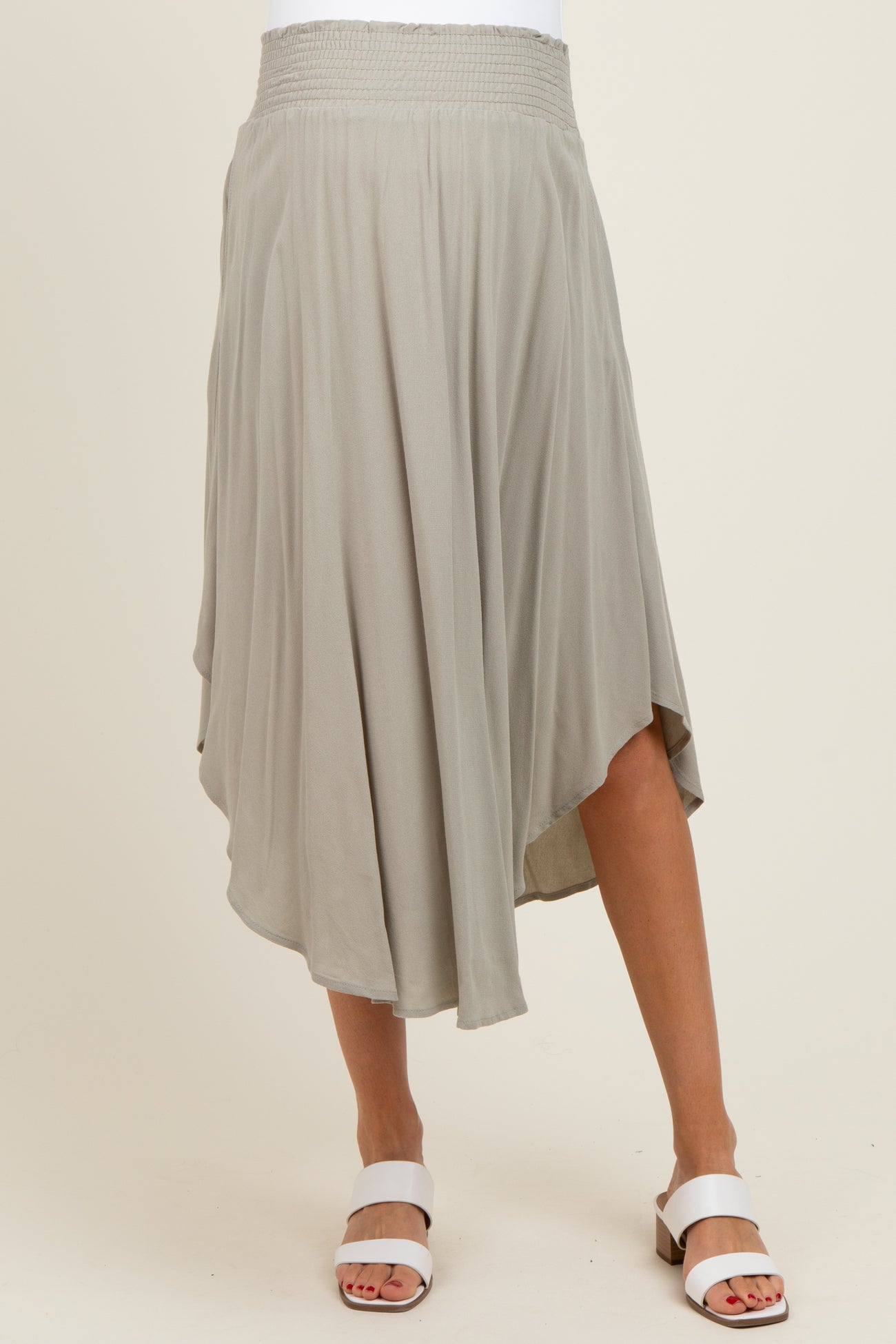 Light Olive Smocked Waist Rounded Hem Maternity Midi Skirt