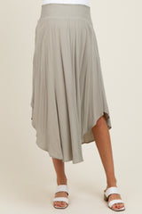 Light Olive Smocked Waist Rounded Hem Maternity Midi Skirt