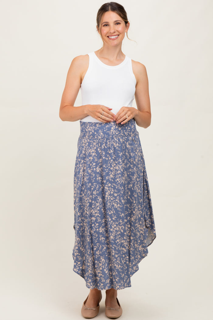 Blue Floral Smocked Waist Maternity Skirt