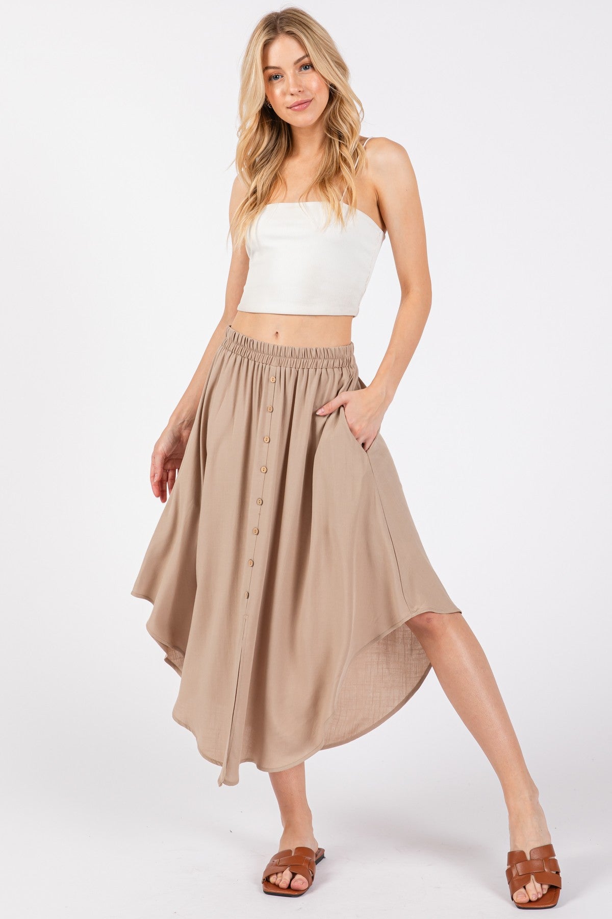 Beige Button Accent Round Hem Maternity Midi Skirt