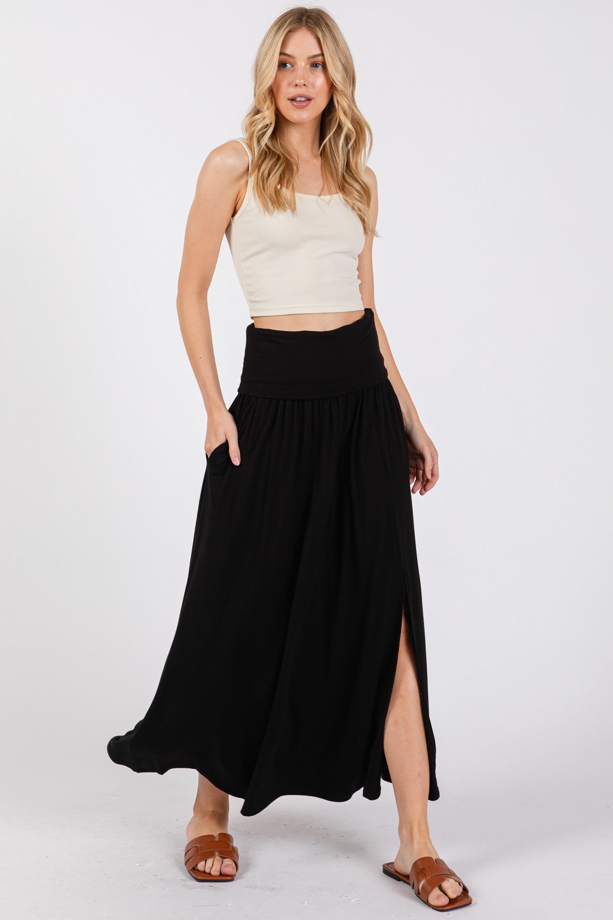 Black Foldover Waist Side Slit Maternity Maxi Skirt