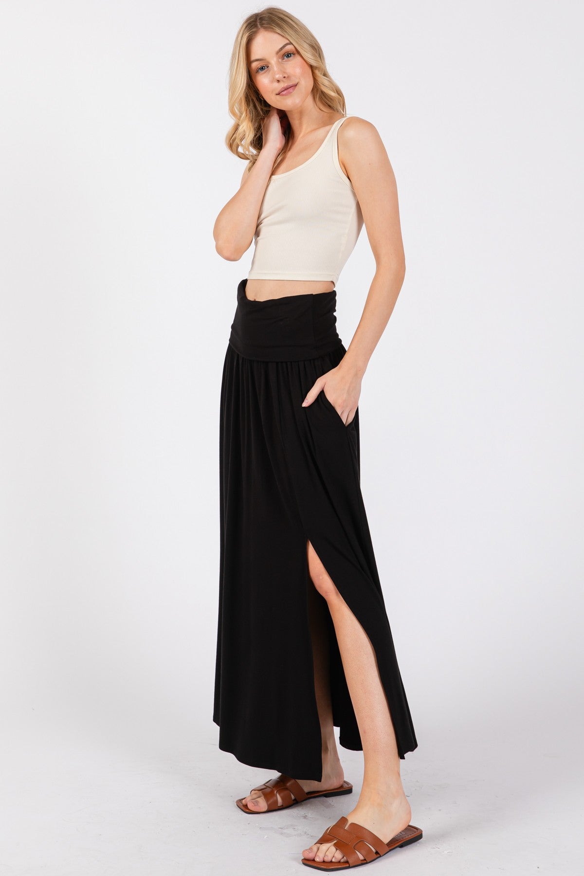 Black Foldover Waist Side Slit Maxi Skirt