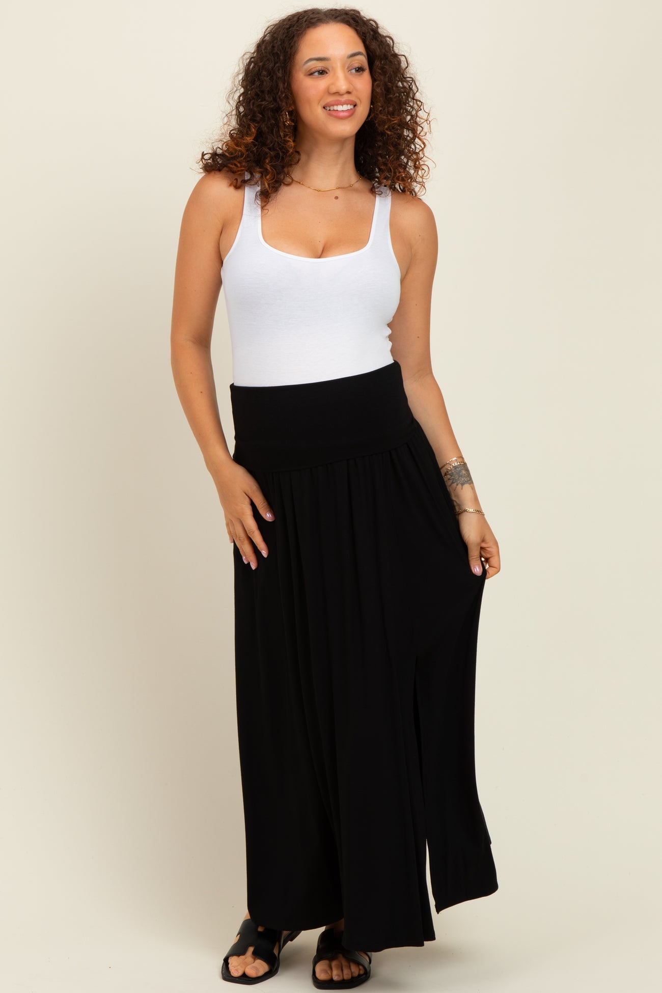 Black Foldover Waist Side Slit Maternity Maxi Skirt