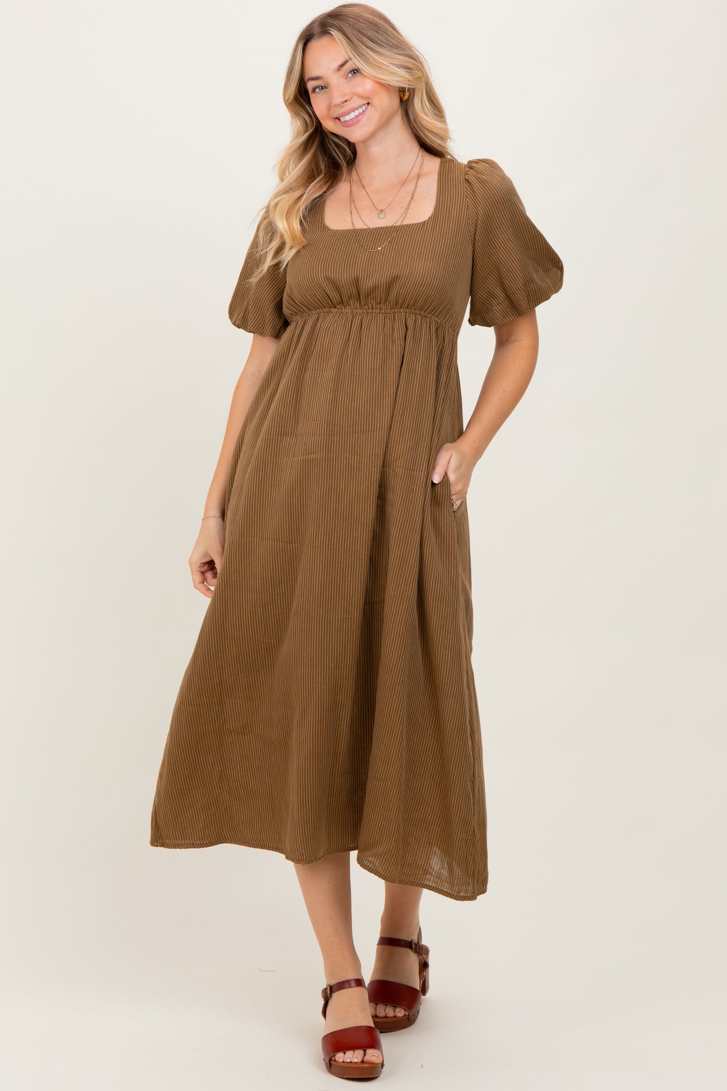 Camel Ribbed Puff Sleeve Tie Back Midi Dress