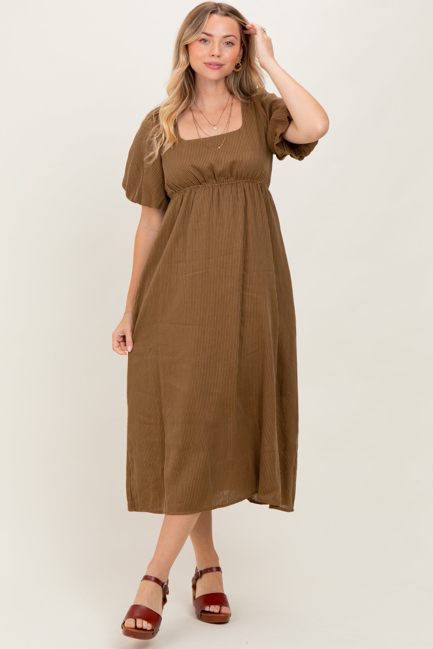 Camel Ribbed Puff Sleeve Tie Back Midi Dress