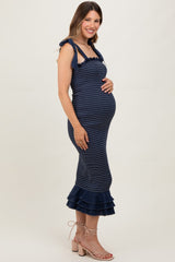 Navy Striped Smocked Shoulder Tie Maternity Mid Dress