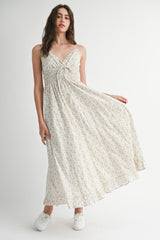 Mauve Floral Smocked Waist Ruffle Accent Maternity Midi Dress