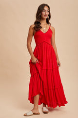 Red Swiss Dot Smocked Sleeveless Maxi Dress