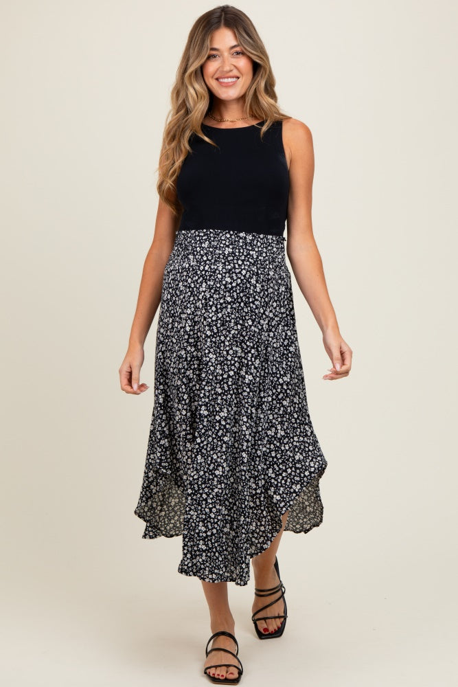 Black Floral Smocked Waist Round Hem Maternity Midi Skirt