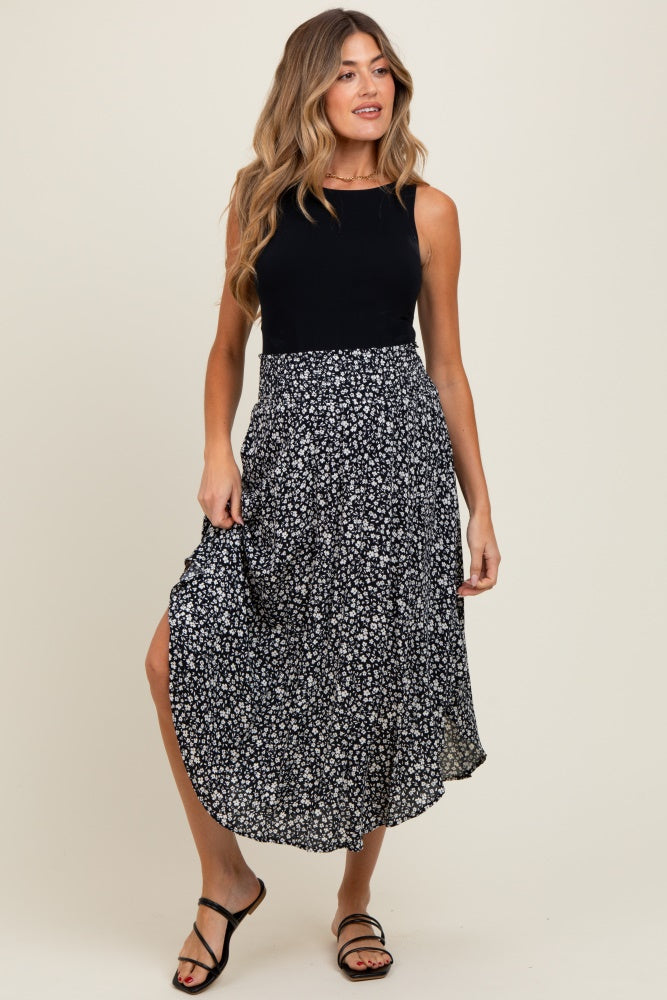 Black Floral Smocked Waist Round Hem Maternity Midi Skirt